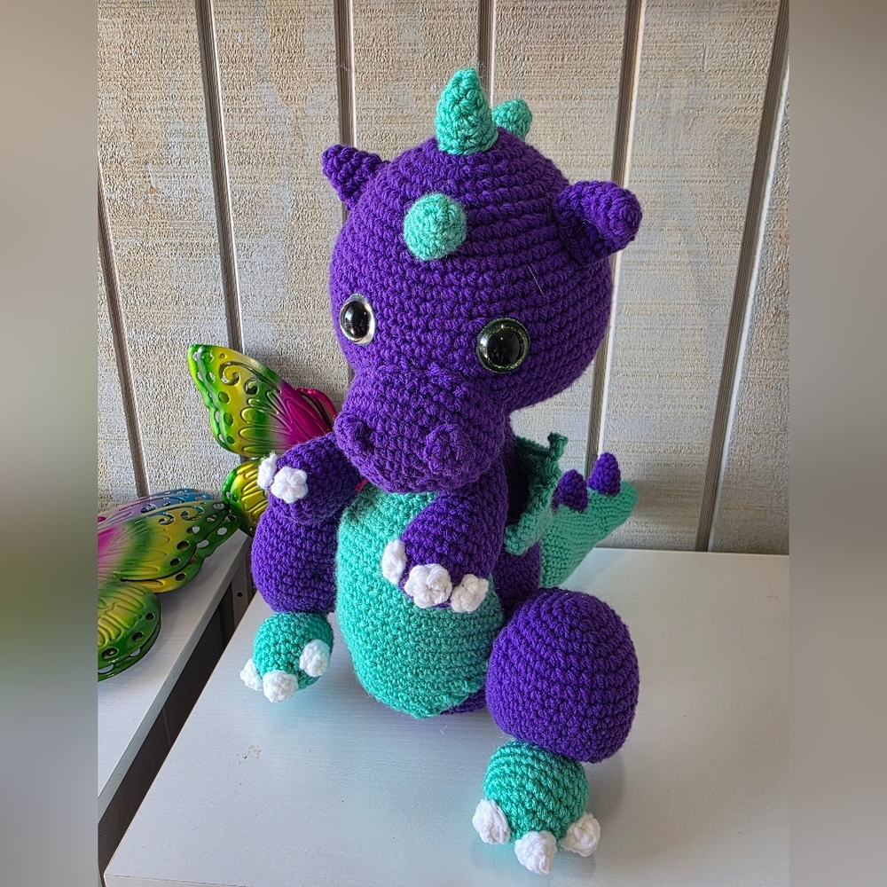 Hand Crafted Purple and Teal Crochet Dragon